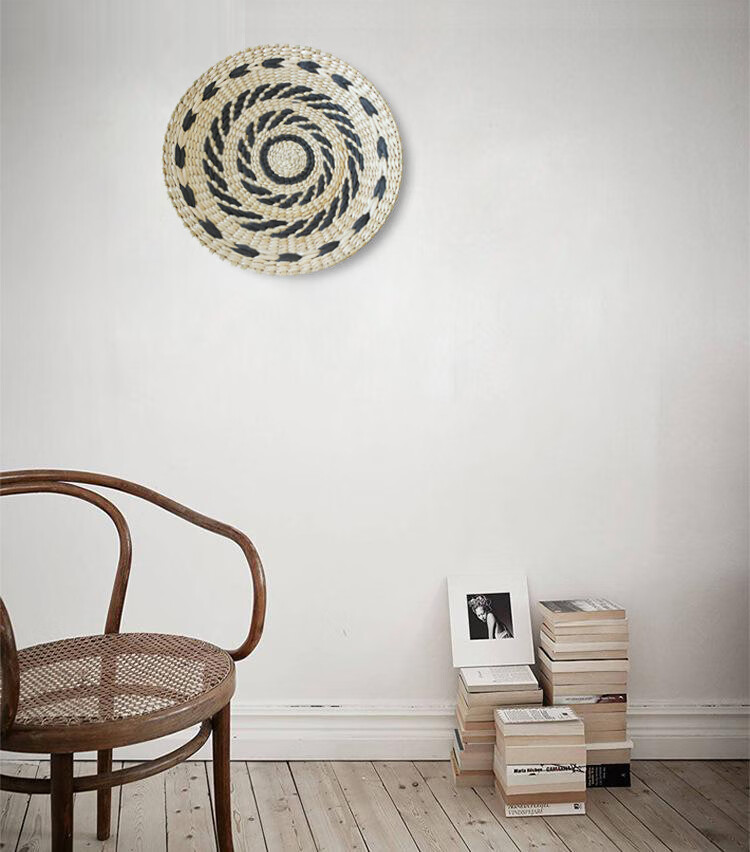 日式风格墙饰日式立体墙面墙壁装饰圆壁挂东南亚复古手工蒲草草编图案