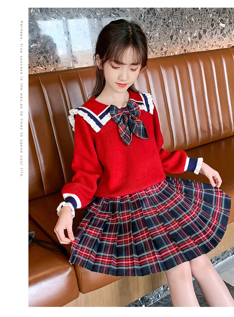 jk制服冬季全套jk格裙套装网红秋冬格子裙女孩学院风百褶短裙红色两