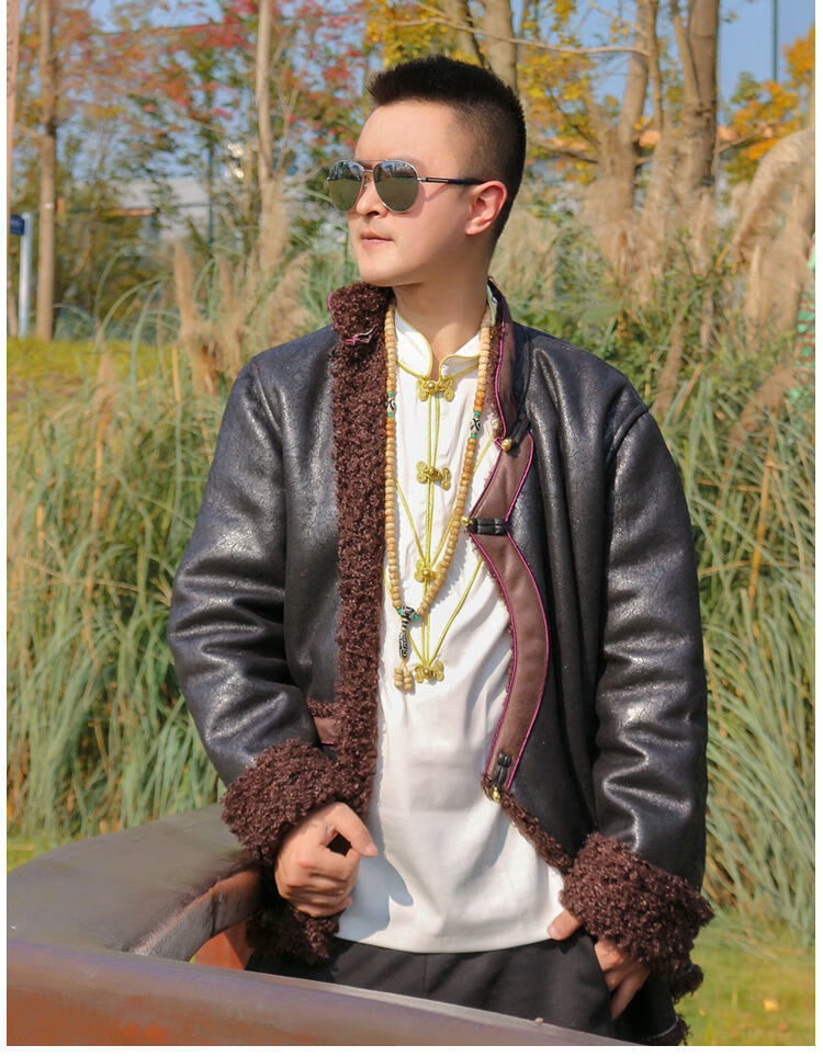 恒源祥高端品牌冬季藏装外套男加绒皮衣保暖藏袍短款藏族服装拼色西藏