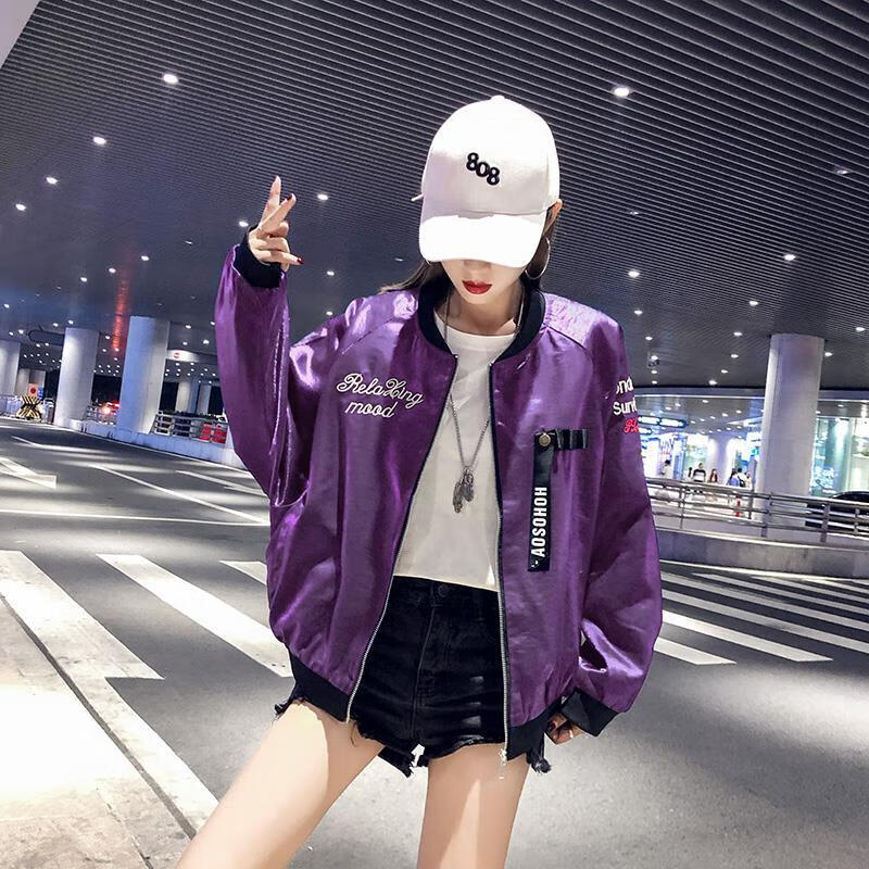 秋季棒球服外套女秋新款亮面刺绣嘻哈风棒球服外套女韩版宽松原宿bf风