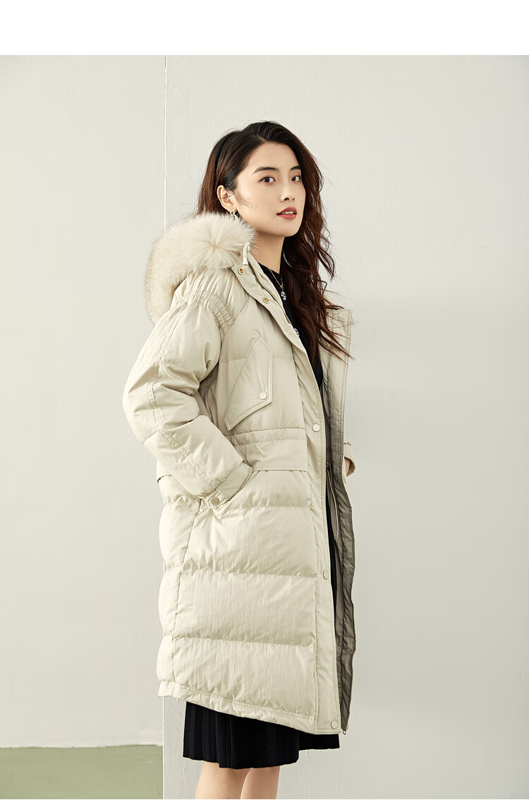 紫淑大毛领羽绒服女中长款过膝2021冬新款工装时尚韩版白鸭绒外套米杏