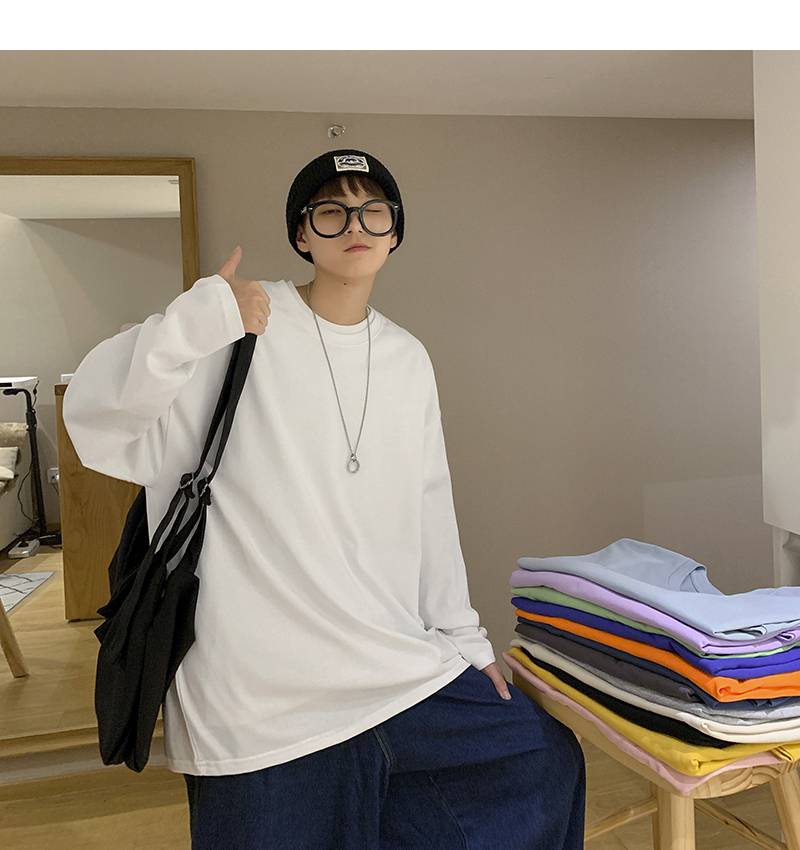 白色t恤长袖男秋季新款潮牌宽松纯色上衣网红简约宽松学生打底秋冬装