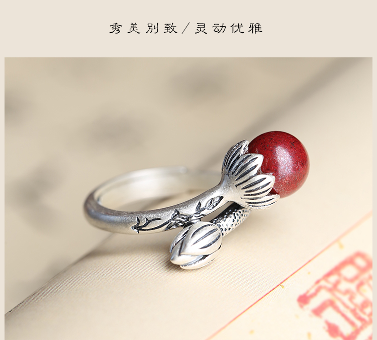 珍韵缘原创朱砂戒指女复古银莲蓬莲花无名指925银古风中指尾戒指环