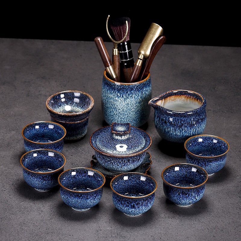 juantu茶具轻奢田禾窑功夫茶具套装家用整套陶瓷建盏茶杯盖碗办公泡