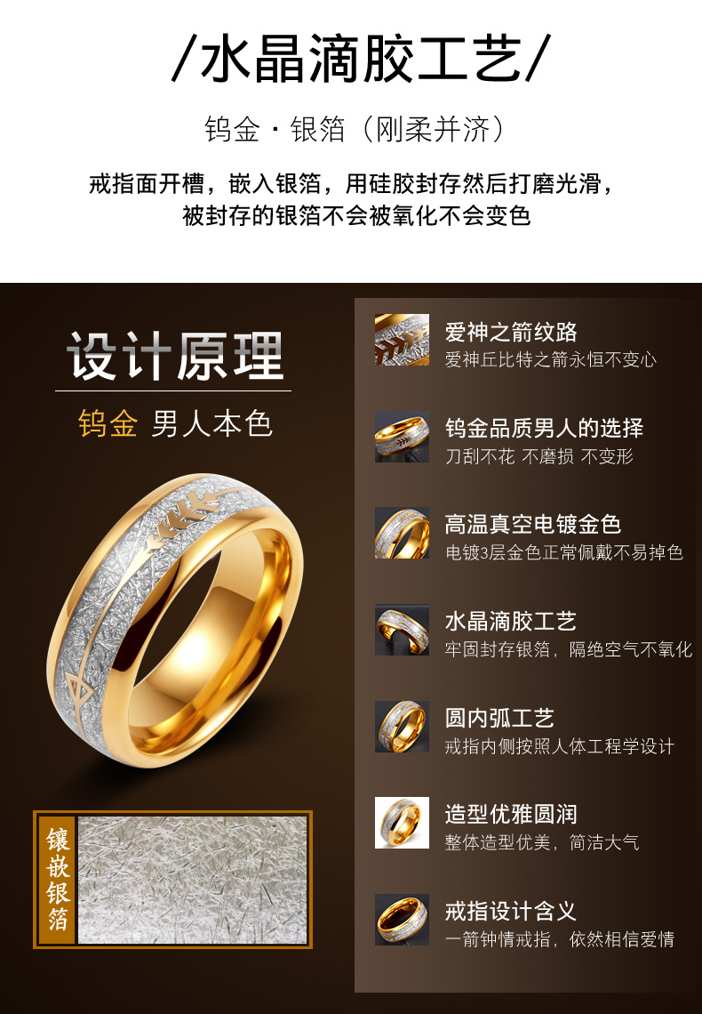 钨金镀金镶嵌银箔日韩一箭穿心网红简约食指单身指环美7号指围5556mm