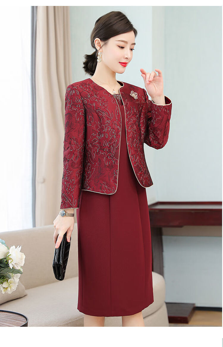 婚宴妈妈装喜婆婆时尚婚礼服连衣裙两件套胖太太红色上衣减龄冬装洋气