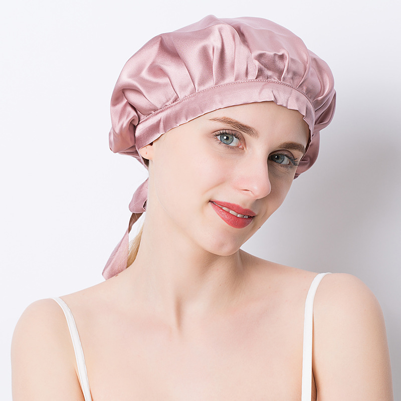 天纵特工狼可调节系带轻柔无勒痕桑蚕丝真丝睡帽女士居家长发裸粉色
