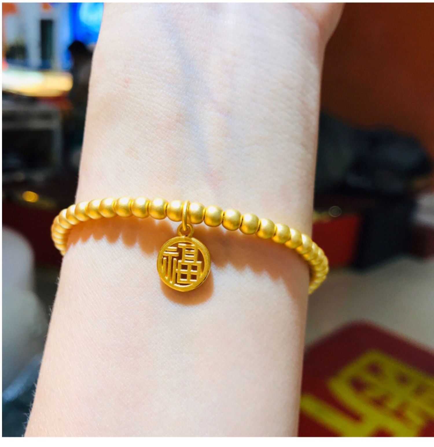 沙金古法传承圆珠手链女999光面珠磨砂空心串珠首饰 s扣古法金珠