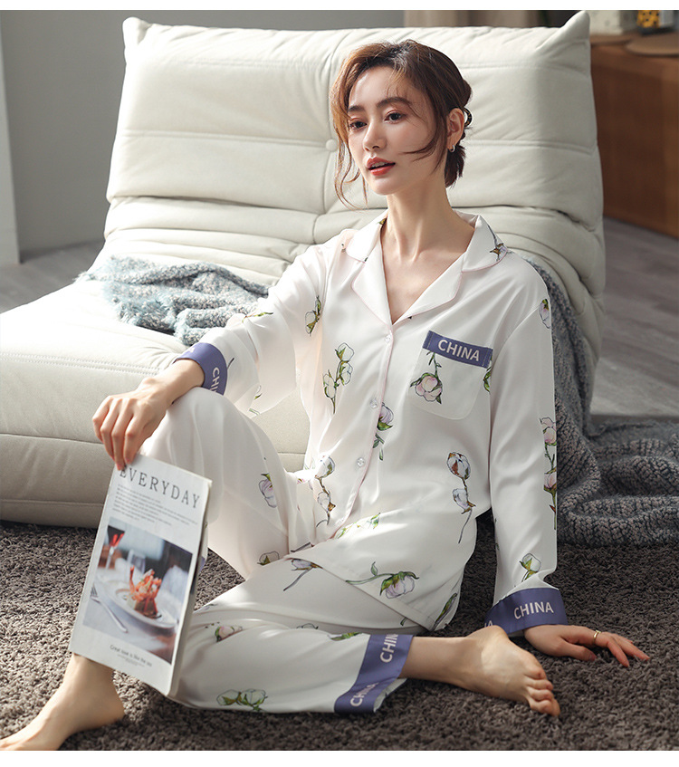珑蓓曼妮芬芳秋夏睡衣女舒适时尚春秋款冰丝薄款感女士仿真丝长袖夏季