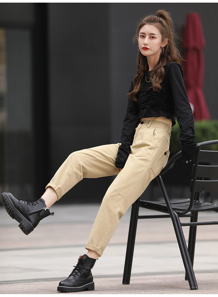 莎芡卡其色休闲裤女潮流时尚简约高腰纯色直筒裤小个子萝卜裤白色28码