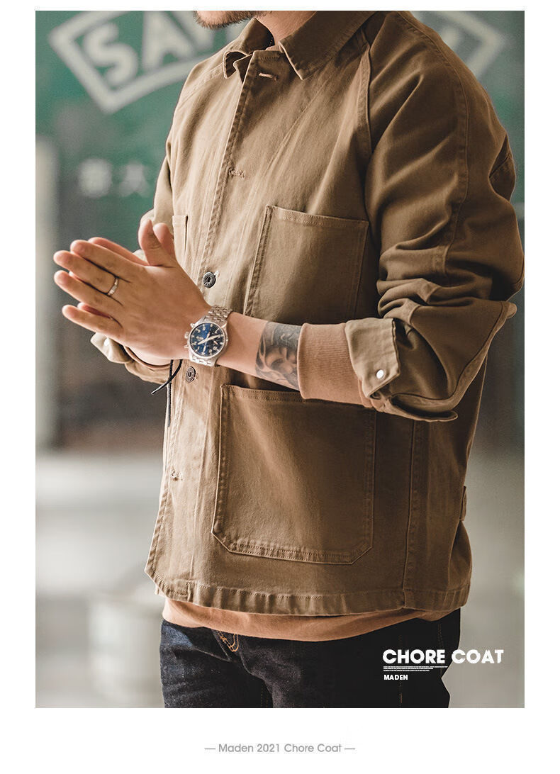 顾渚英伦雅痞马登工装美式复古巴黎扣四袋重磅夹克方领阿美咔叽