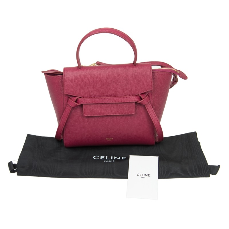 celine思琳女包瑟琳beltnano覆盆子色玫红色粒面小牛皮手提包斜挎包