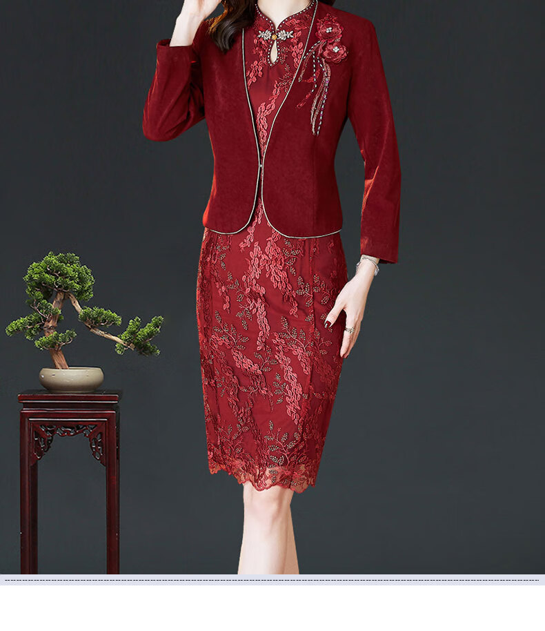 婚宴装高贵高端年轻洋气红色旗袍春妈妈婚宴礼服酒红色m建议体重90100