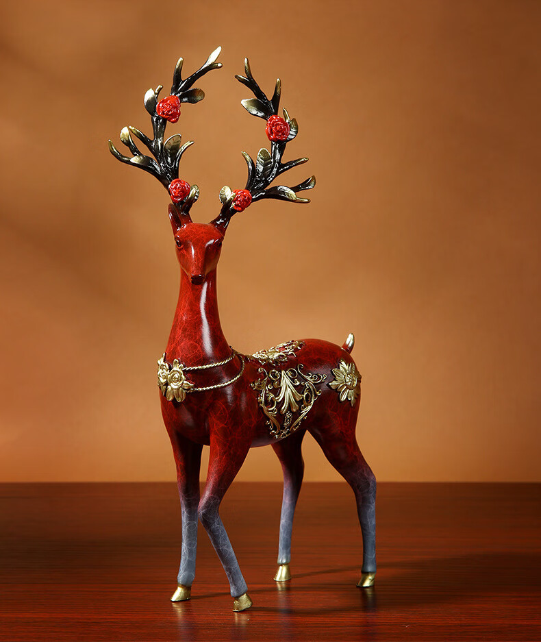 店鹿鹿亨通纯铜鹿摆件一对新中式家居客厅玄关装饰品梅花鹿工艺品红色