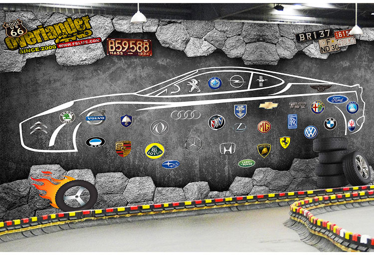 美容改装店装饰3d俱乐部壁纸汽车标志主题壁画工业风背景墙纸无缝布