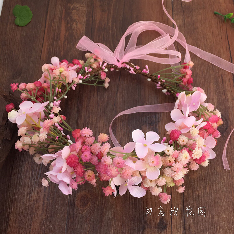 花环头饰婚礼韩式粉色满天星花环新娘婚纱摄影头环仿真花满天星头饰