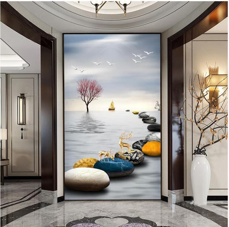 haslem8d玄关墙布现代简约走廊竖版壁画轻奢大气客厅过道麋鹿背景墙