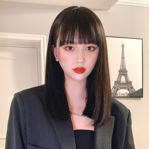 片希假发女短发网红修圆脸一刀切气质漫画齐刘海中长直锁骨发全头套式