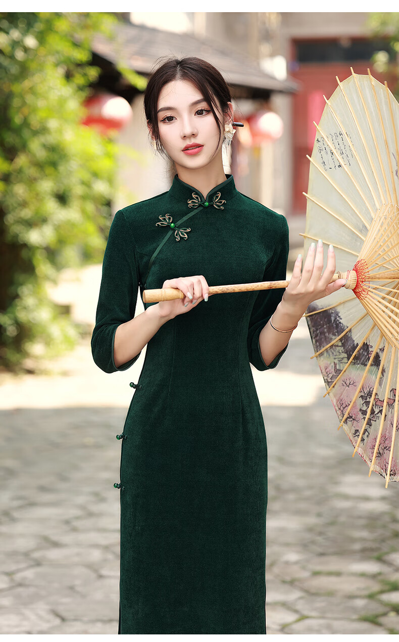 皮尔卡丹轻奢高档女装墨绿旗袍年轻款少女复古改良版中国