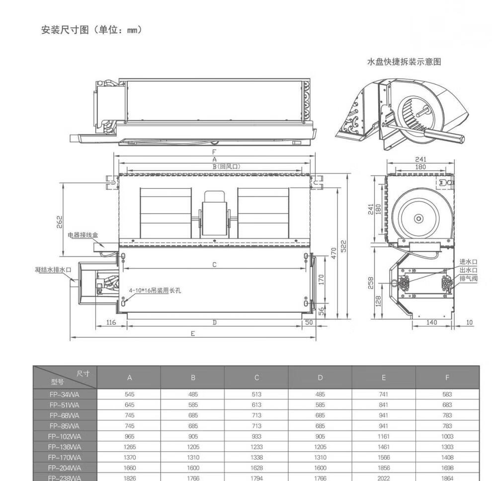 美的风机盘管卧式暗装中央出风口水冷水暖写字楼水fp170waz3g30