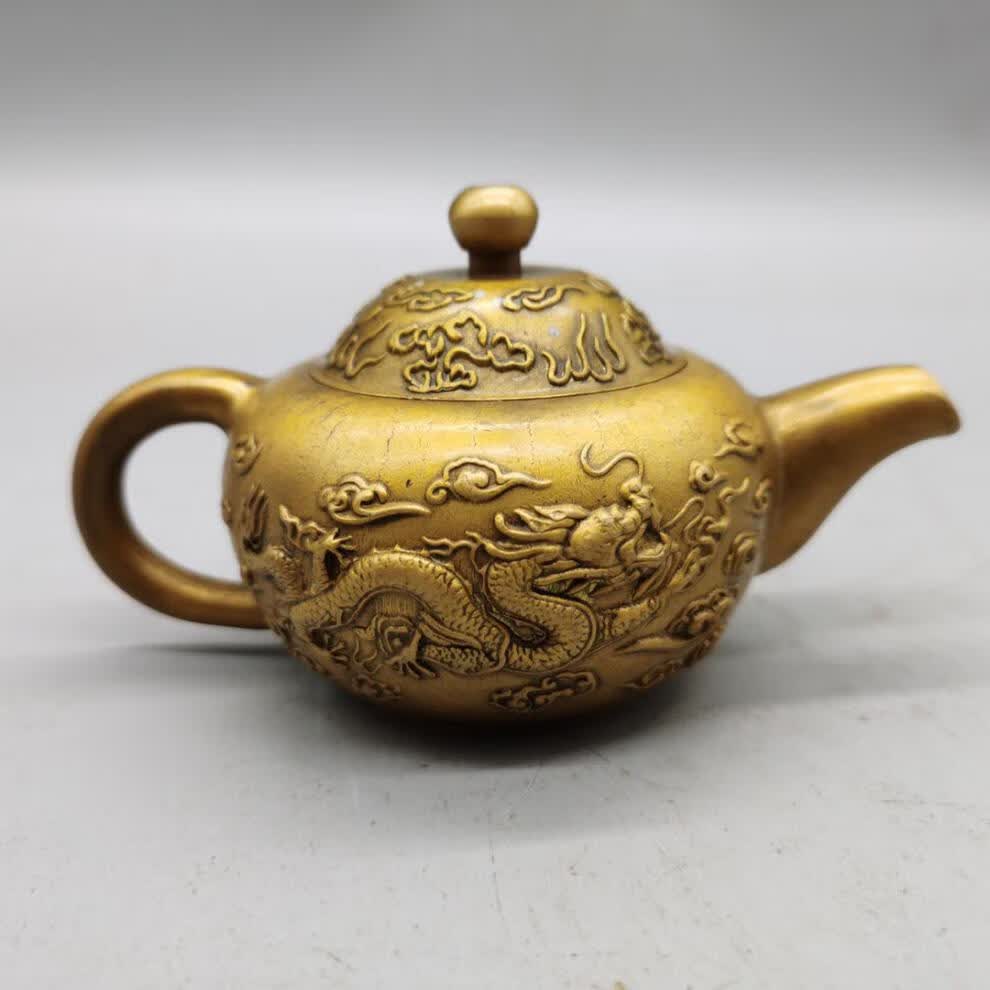 适用于纯铜龙凤壶摆件黄铜茶壶铜水壶仿古做旧铜壶摆件龙壶手提龙凤壶