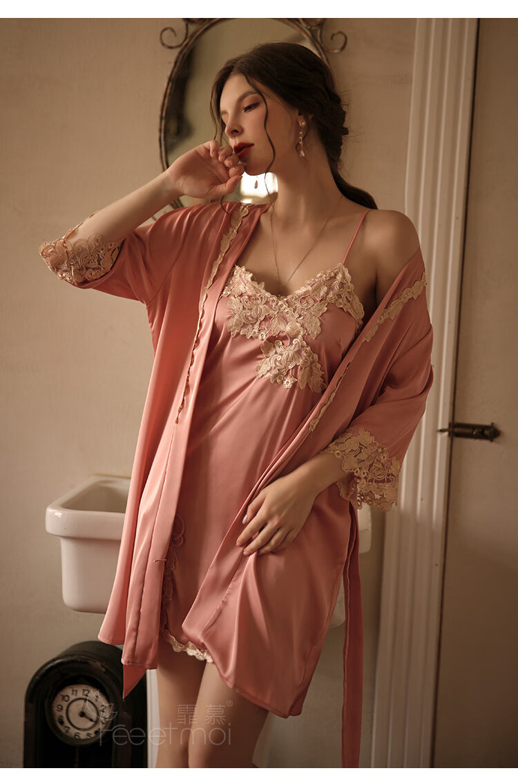 睡裙性感女性诱惑房事衣服侧开叉刺绣花边开襟睡衣7824蓝睡袍腰带t裤