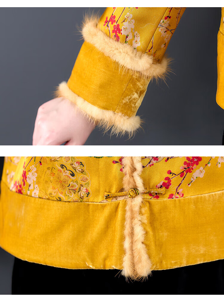 女式古装棉袄女士唐装中国风冬装盘扣棉衣棉服女中式夹棉外套 黄底