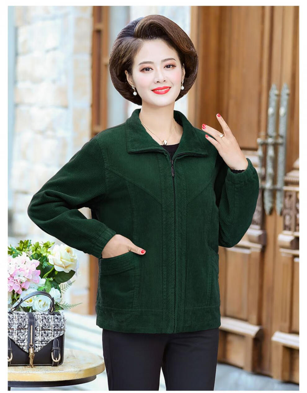 岁50纯棉春秋装中年人条绒夹克女灯芯绒中老年上衣玫红色l建议95115斤