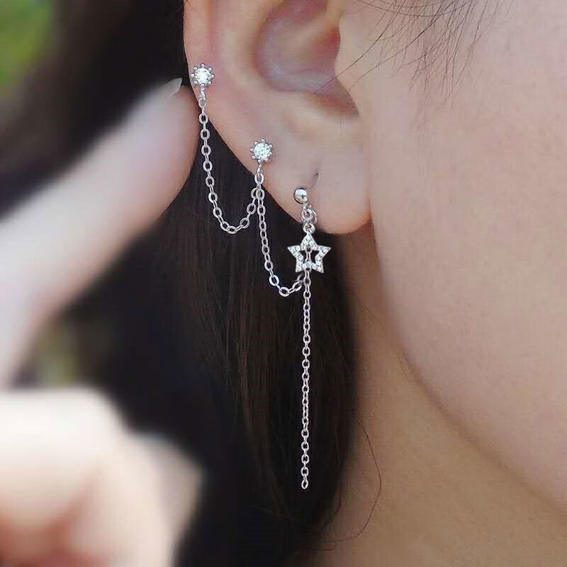 奢古拉轻奢多耳洞耳钉三个连体耳环女耳洞的组合一耳三钳耳扣耳骨银针