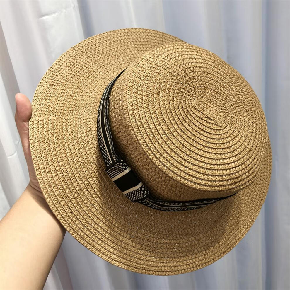 江逸 家夏季时尚轻奢女草帽织带字母刺绣沙滩女太阳帽度假女草帽潮