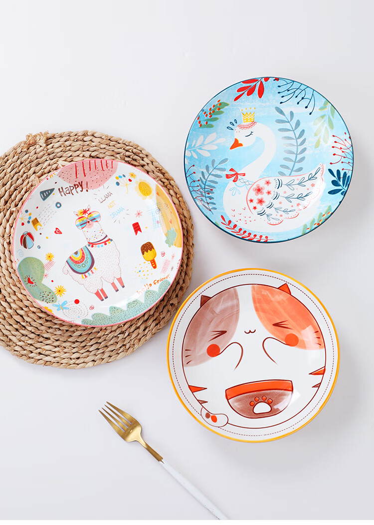 饺子盘创意卡通陶瓷盘家用菜盘子可爱8英寸圆盘网红儿童餐具水果饺子