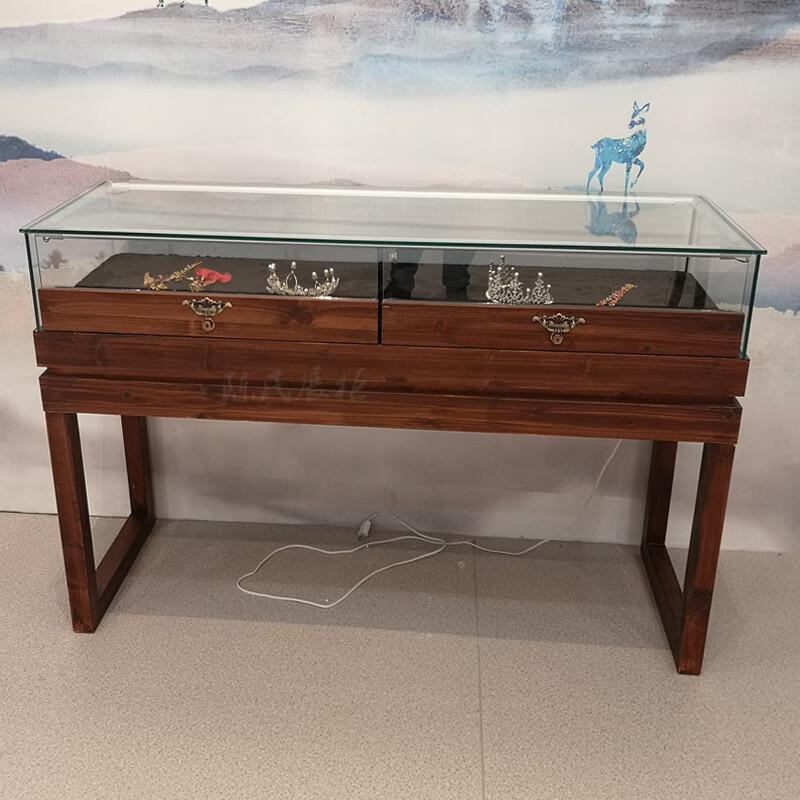 实木珠宝展示柜古玩翡翠柜台复古中式展厅博物馆精品玻璃展柜 100*40*