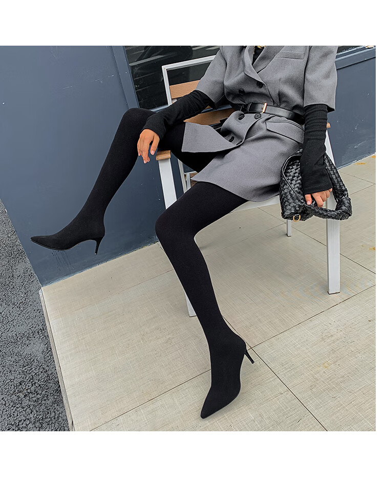 长筒靴女过膝高跟细跟弹力袜子靴过膝长靴女超长针织弹力连身一体踩脚