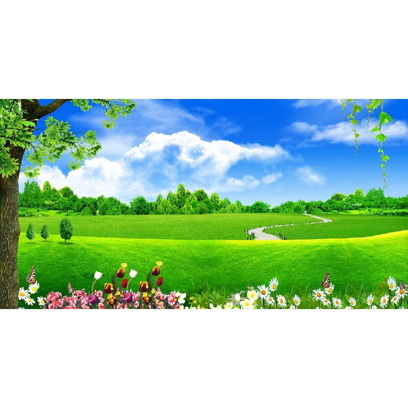 fj542延伸空间16d田园壁画墙森林蓝天白云电视餐厅大树靠山沙发墙5d