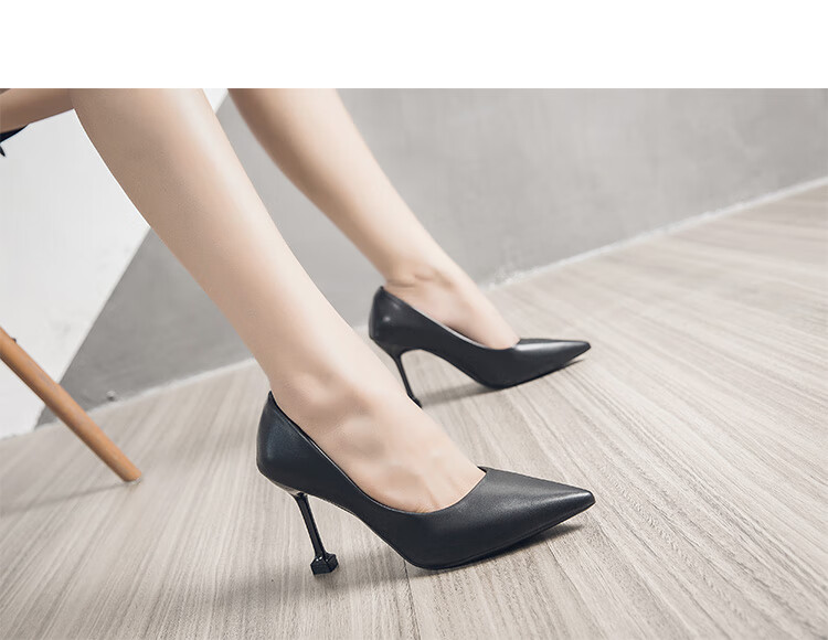 女士性感尖头细高跟皮鞋工作鞋黑色鞋女式职业细跟单鞋浅口模特走秀鞋
