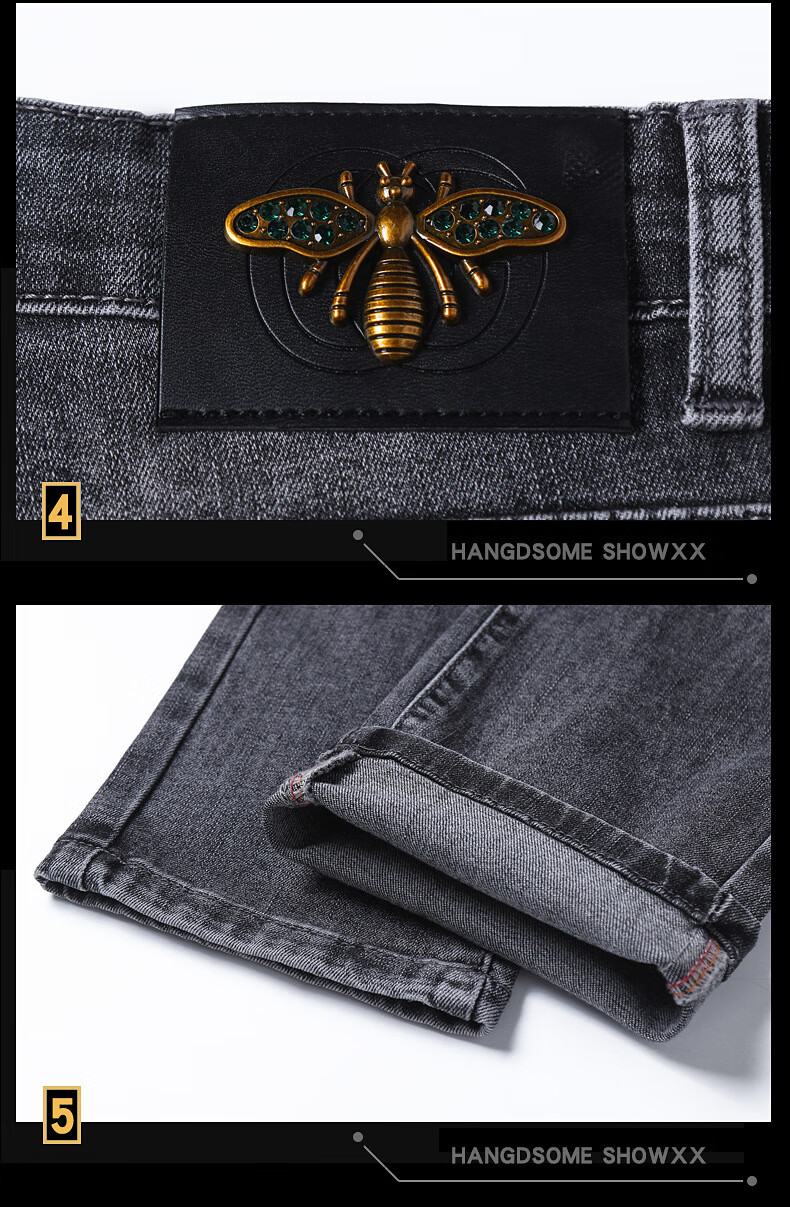 嘉烟欧洲站潮牌酷奇小蜜蜂牛仔裤男2022夏季新款黑灰色青年刺绣修身