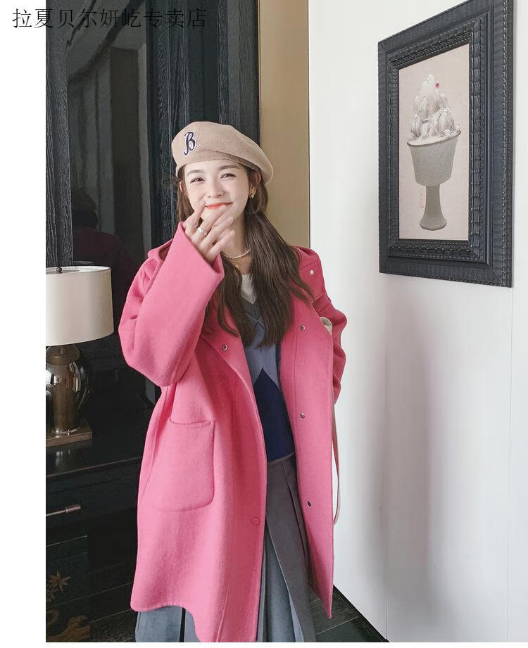 拉夏贝尔 玫粉色连帽毛呢外套女秋冬2022新款日系减龄小个子温柔系