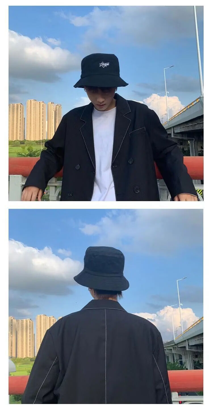 右见面新品男士渔夫帽双面戴渔夫帽男士潮人字母涂鸦韩版百搭青年夏季