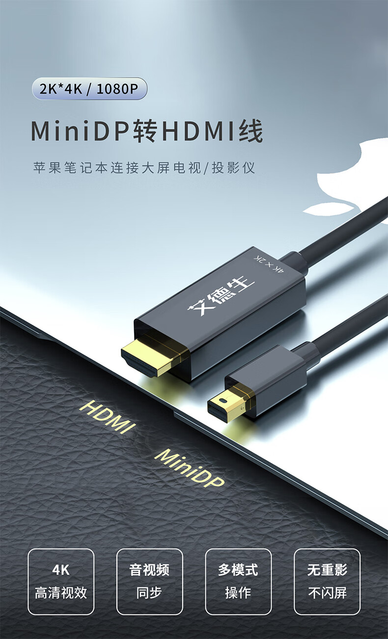艾德生minidp转hdmi线dp笔记本电脑转接线144hz转接头音视频同步1080p