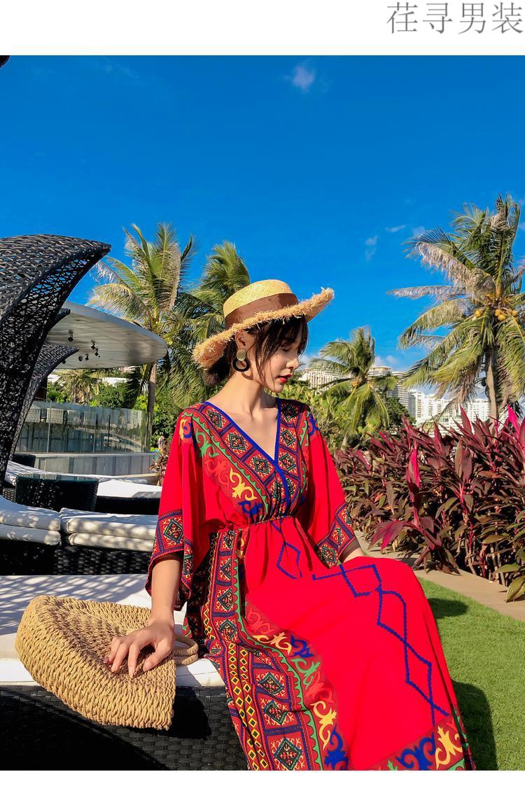波西米亚风格长裙民族风沙滩裙女三亚海边度假显瘦红色连衣裙蓝色xl