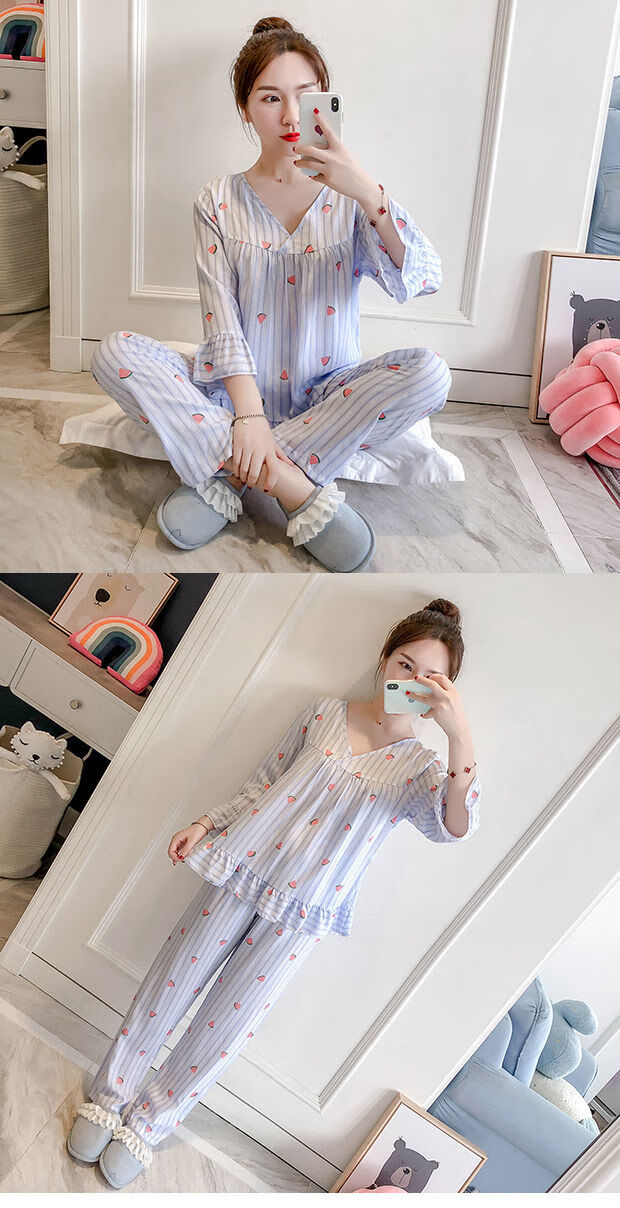 棉绸睡衣女长袖套装韩版可爱薄款服学生家居服长袖套头粉色小花l85110