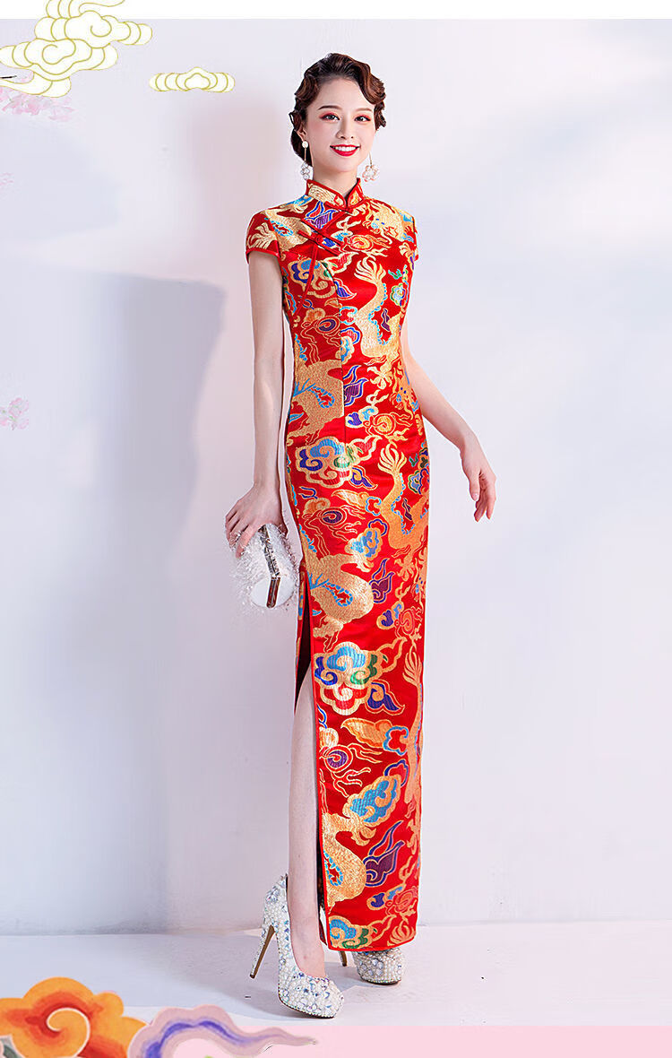 hzcl新品婚纱礼服新品旗袍龙袍红色新娘结婚敬酒服舞台演出走秀主持人