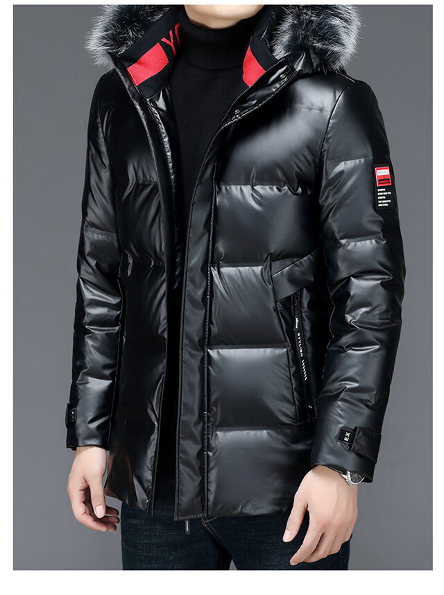 阿玛尼(armani)男士服中长款连帽亮面外套冬装白鸭绒加厚保暖潮 黑色