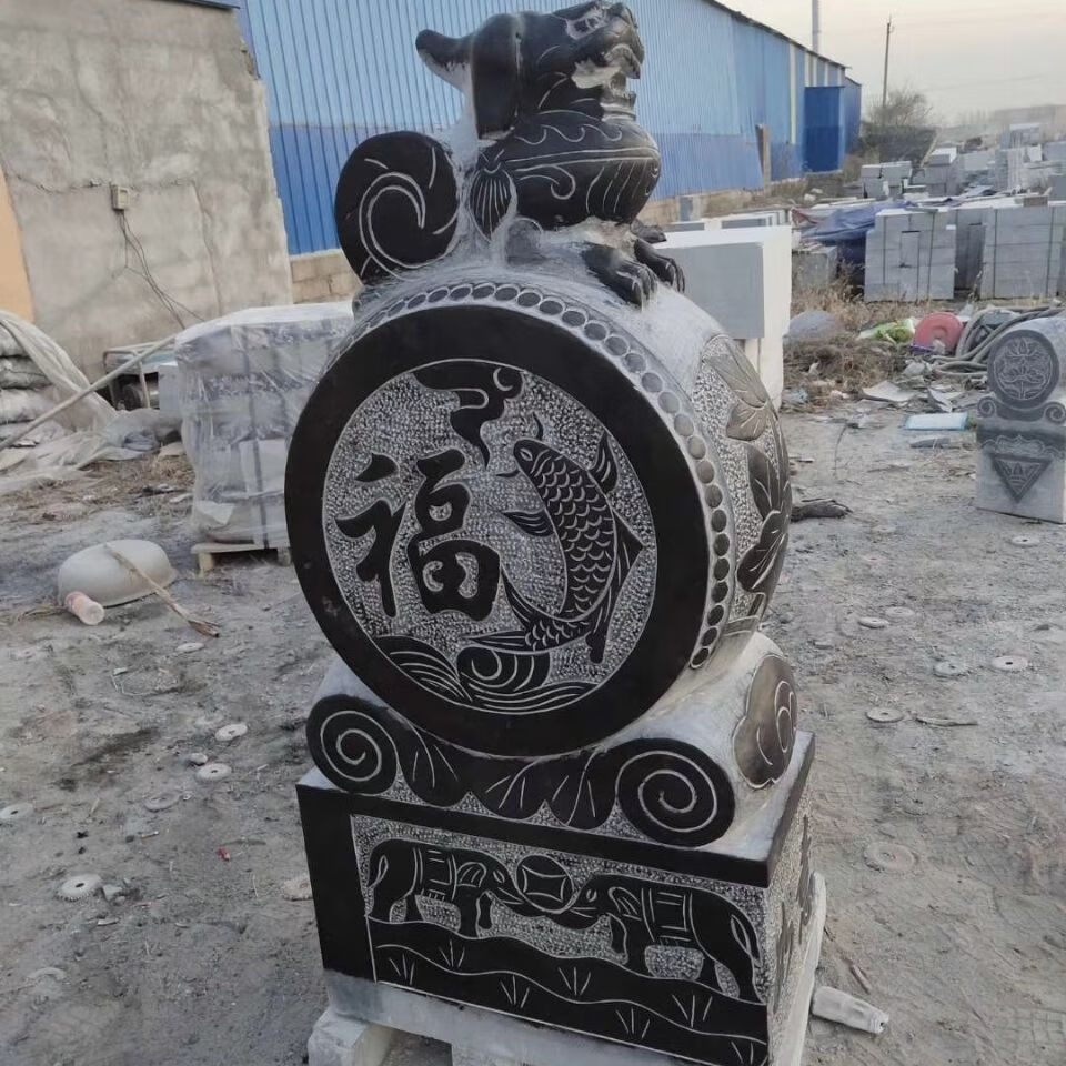 石雕门墩一对家用狮子麒麟貔貅青石仿古做旧石鼓抱鼓石墩 高度60厘米