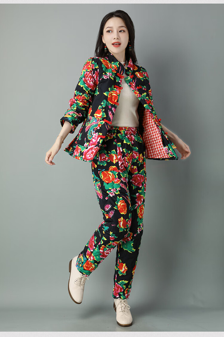 东北大花布衣服棉衣棉裤套装冬加厚盘扣民族风棉袄女冬季棉服外套红色