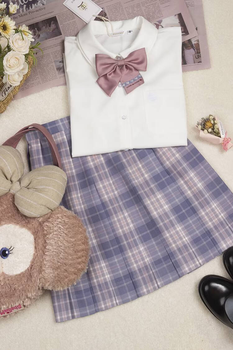 梗豆物语原创紫烟jk制服百褶裙淡紫色温柔格子裙a款紫烟格短裙l