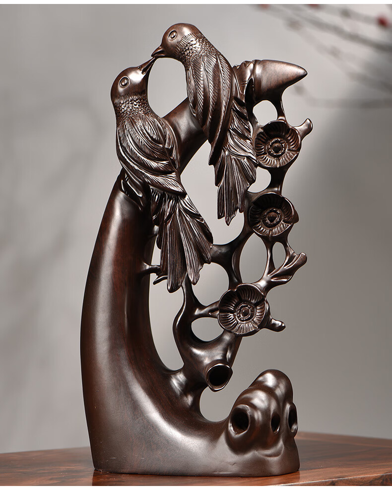 思古黑檀木雕喜上眉梢摆件实木雕刻工艺品动物花鸟喜鹊