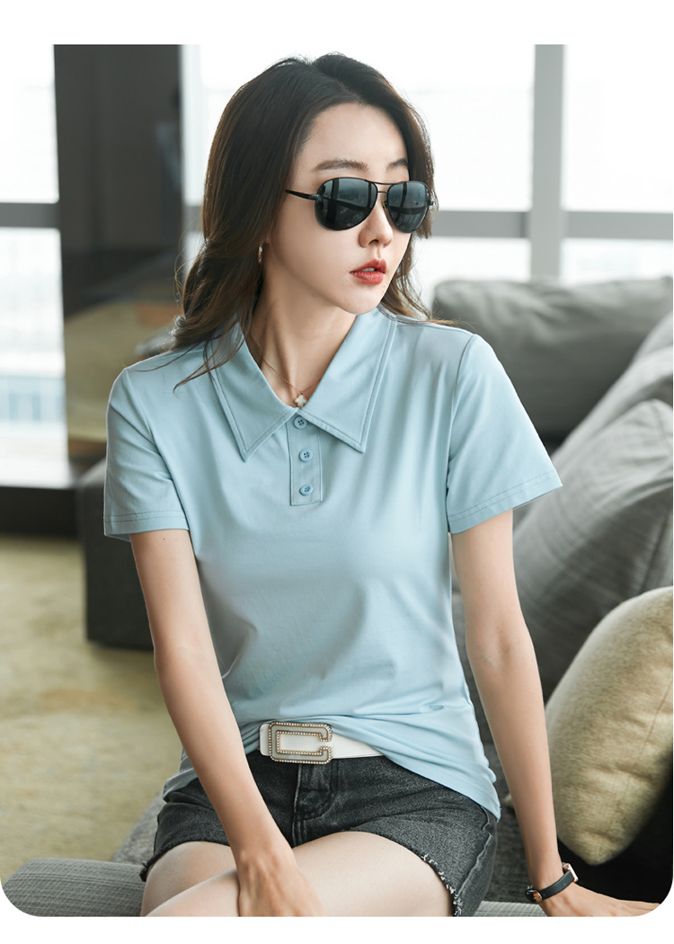 女式t恤翻领工作服有领t恤女士polo衫短袖丝光棉带领女上衣2506蓝色