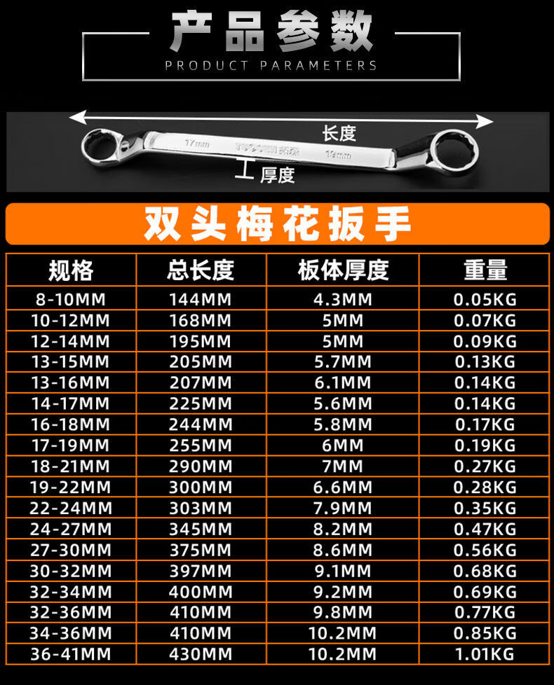 爵辰 梅花扳手双头眼镜扳手13-16-17-19加厚板子修车工具套装 双头
