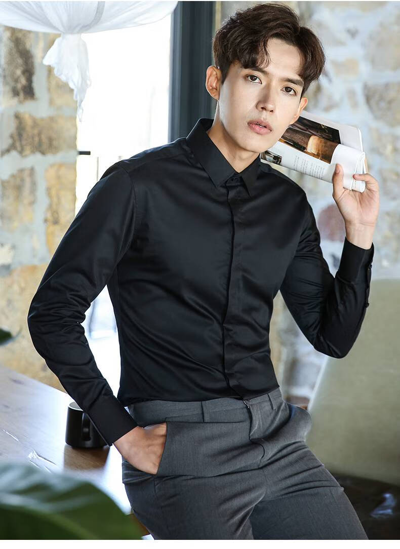 正装修身工作服伴郎结婚白寸春秋男生男士衬衣外穿白色明扣口袋38xs